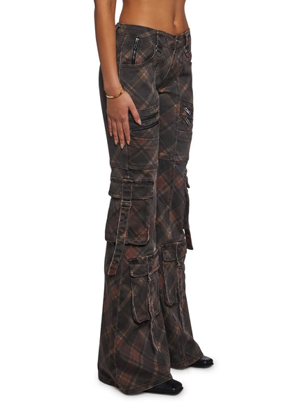 Suspender Cargo Flares Jeans — Dark Plaid