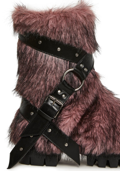 Low Faux Fur Buckle Straps Boots - Pink