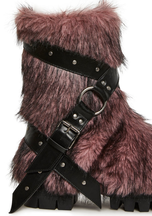 Low Faux Fur Buckle Straps Boots - Pink