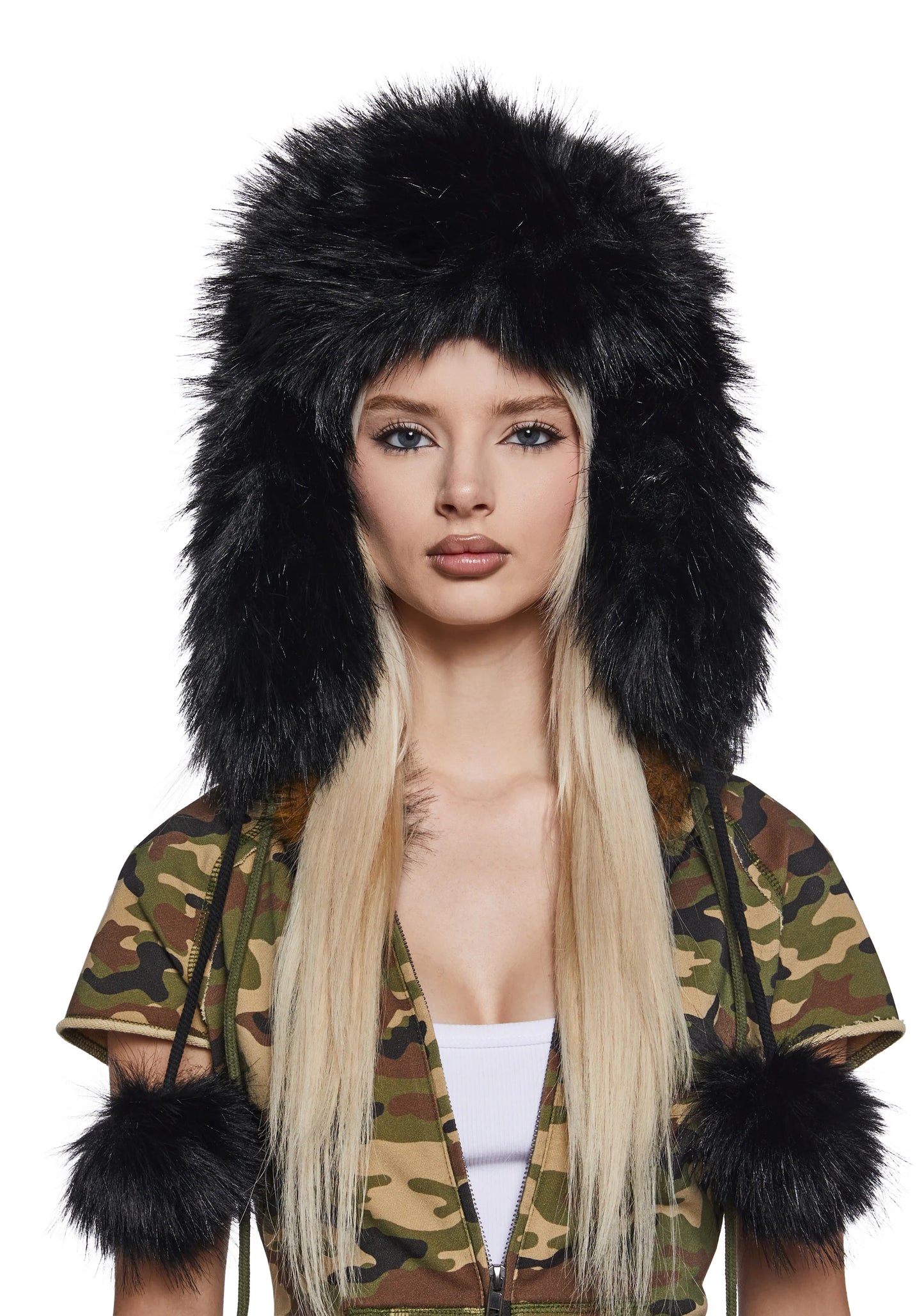 POM POMS Faux Fur Bucket Hat — Black