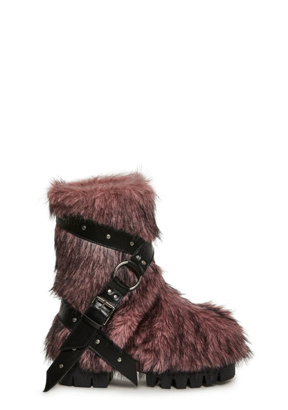 Low Faux Fur Buckle Straps Boots - Pink