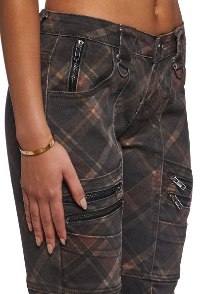 Suspender Cargo Flares Jeans — Dark Plaid