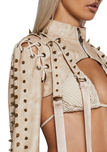 Cropped Jacket With Lace-Up Sleeves & Spikes