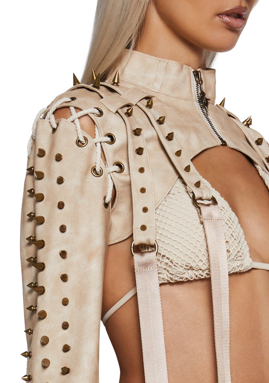 Cropped Jacket With Lace-Up Sleeves & Spikes