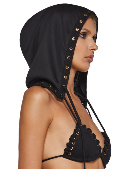 Hooded Whipstitch Bikini Top — Black