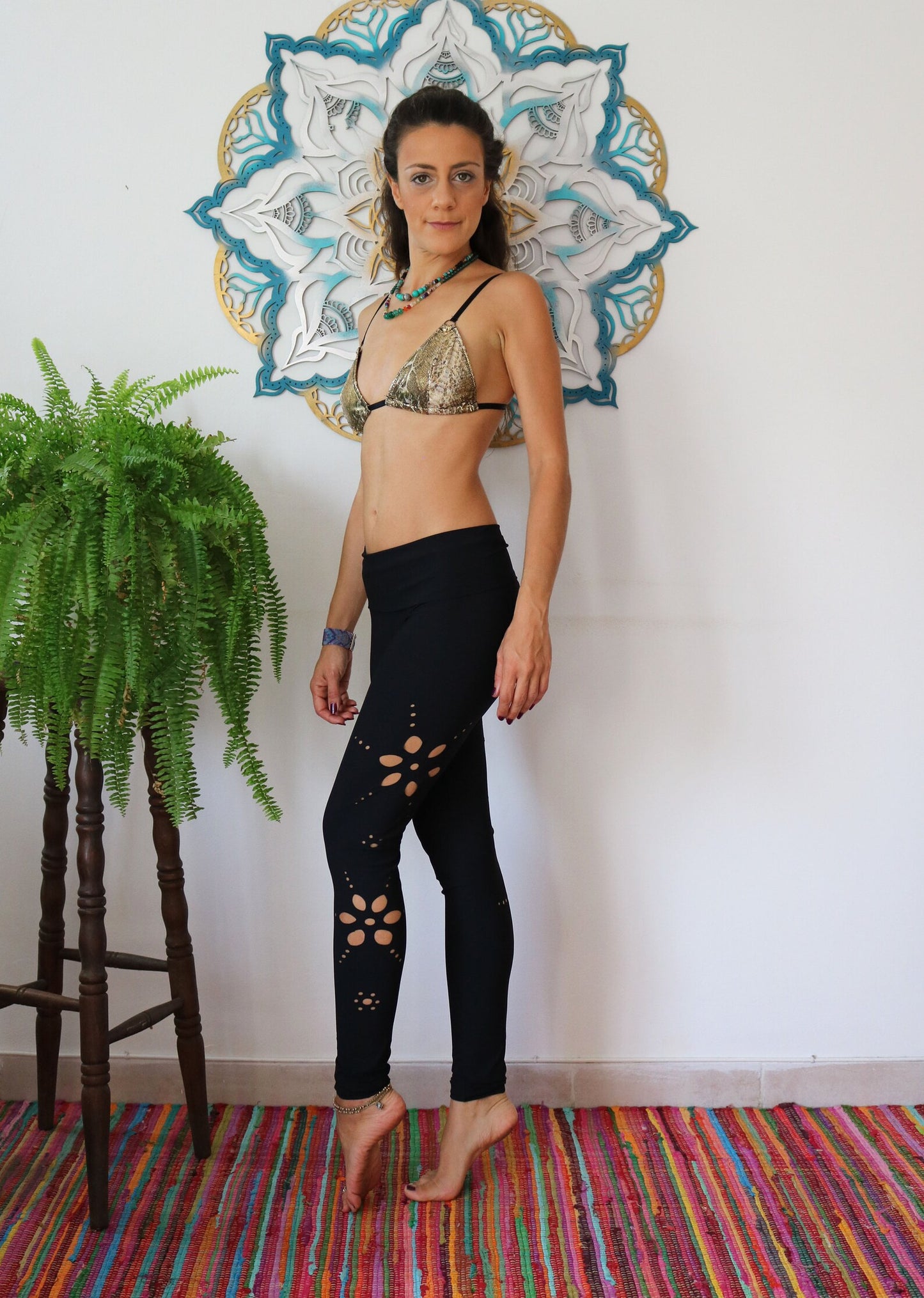 Yoga Leggings In Black with Floral Cutouts