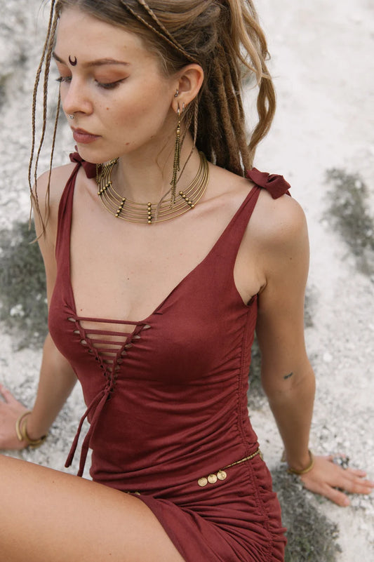 Suede Terracotta Brown  Mini Boho Dress