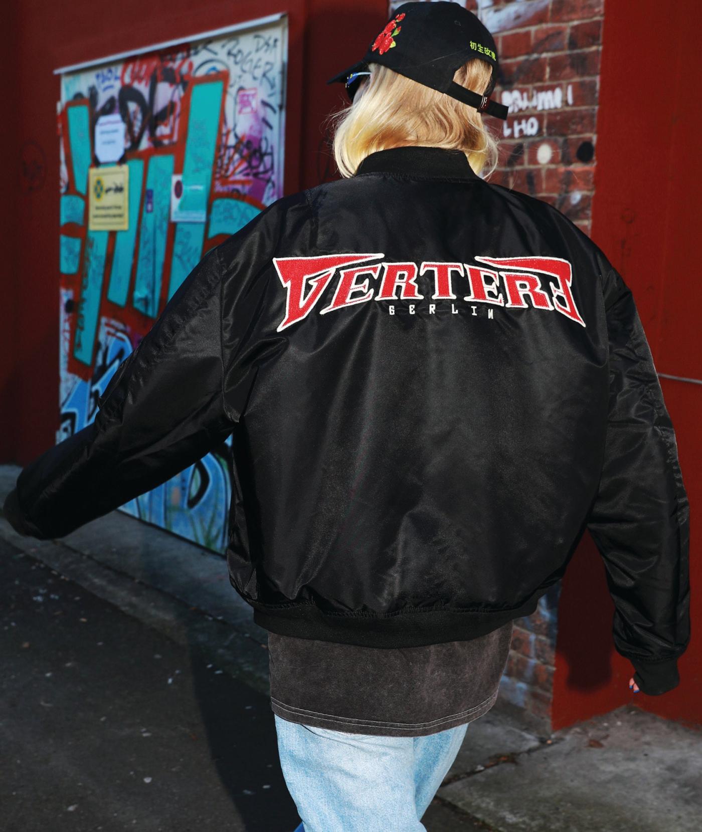 Vertere Berlin Unisex Embroidered Logo Padded Bomber Jacket In Black