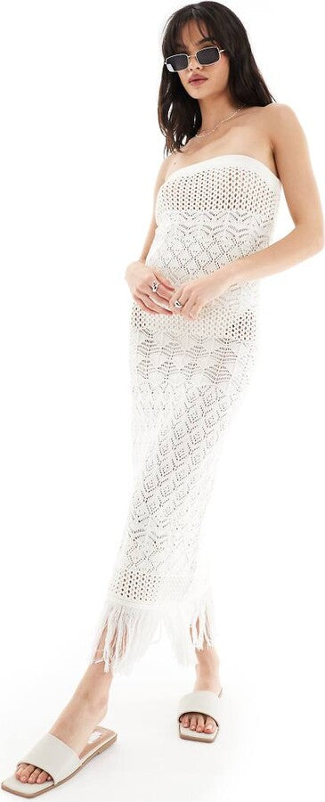 Miss Selfridge Beach Crochet Fringe Detail Bandeau Maxi Dress In Cream