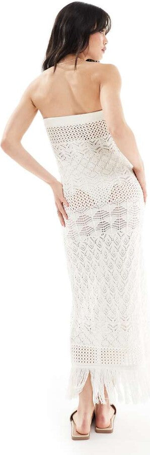 Miss Selfridge Beach Crochet Fringe Detail Bandeau Maxi Dress In Cream