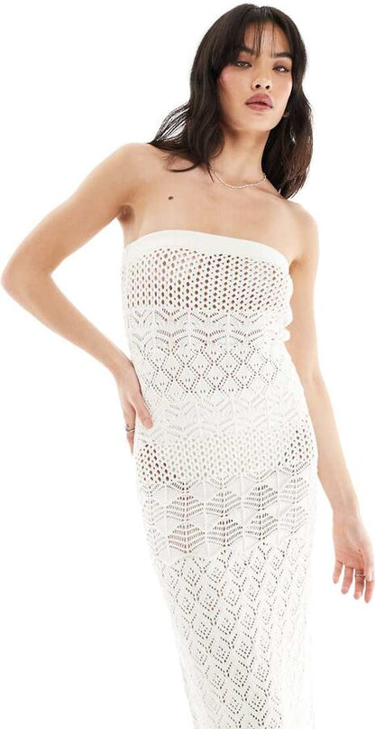 Miss Selfridge Beach Crochet Fringe Detail Bandeau Maxi Dress In Cream