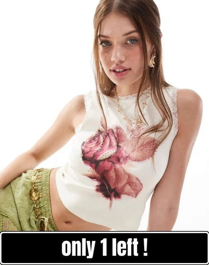 ROSE Print Tank With Lace Trim In Cream