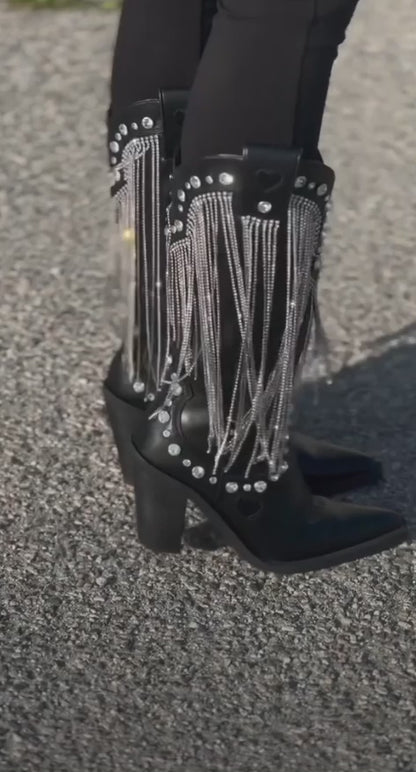 BLESSED DUST RHINESTONE COWBOY BOOTS - BLACK