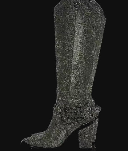 OUTLAW Rhinestone Knee High Cowboy Boots - Silver