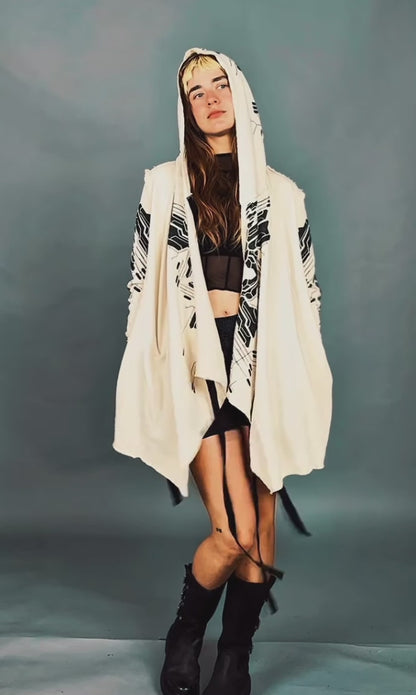DELTA UNISEX Hood Cardigan Duster In Off-White