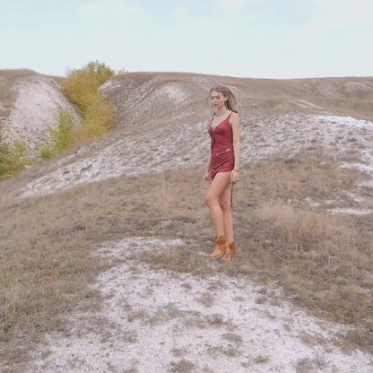 Suede Terracotta Brown  Mini Boho Dress