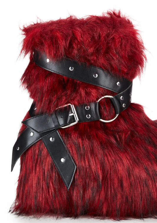 Low Faux Fur Buckle Straps Boots - Red