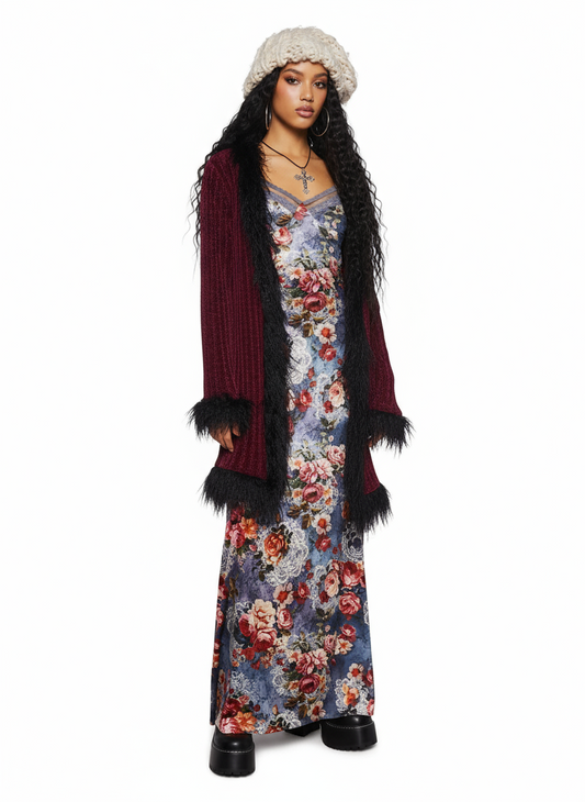 Faux-Fur Longline Cardigan – Burgundy