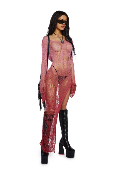 Eternal Drift Open-Weave Longline Knit – Red