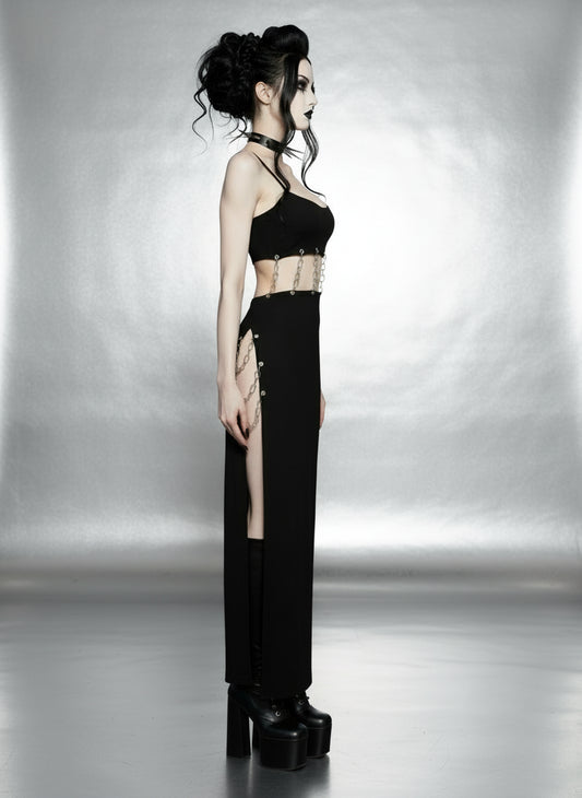 Chain Cut-Out Bodycon Midi Dress – Black