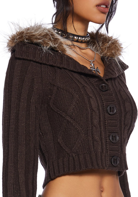 Witchling Pines Faux-Fur Knit Cardigan – Brown