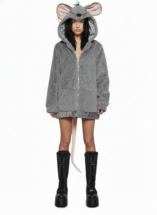 Faux-Fur Rat Hoodie – Grey