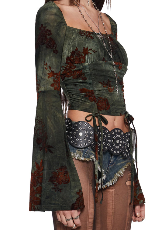 Mystic Bloom Mesh Bell-Sleeve Top – Green