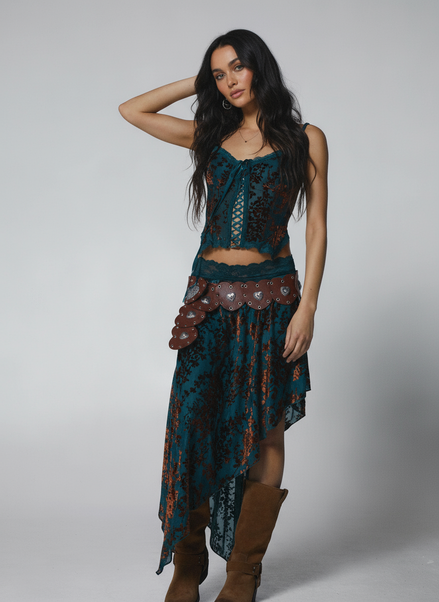 Boho Flocked Mesh Midi Skirt