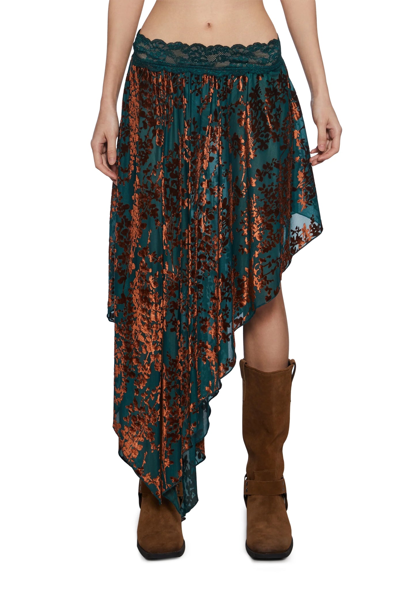 Boho Flocked Mesh Midi Skirt