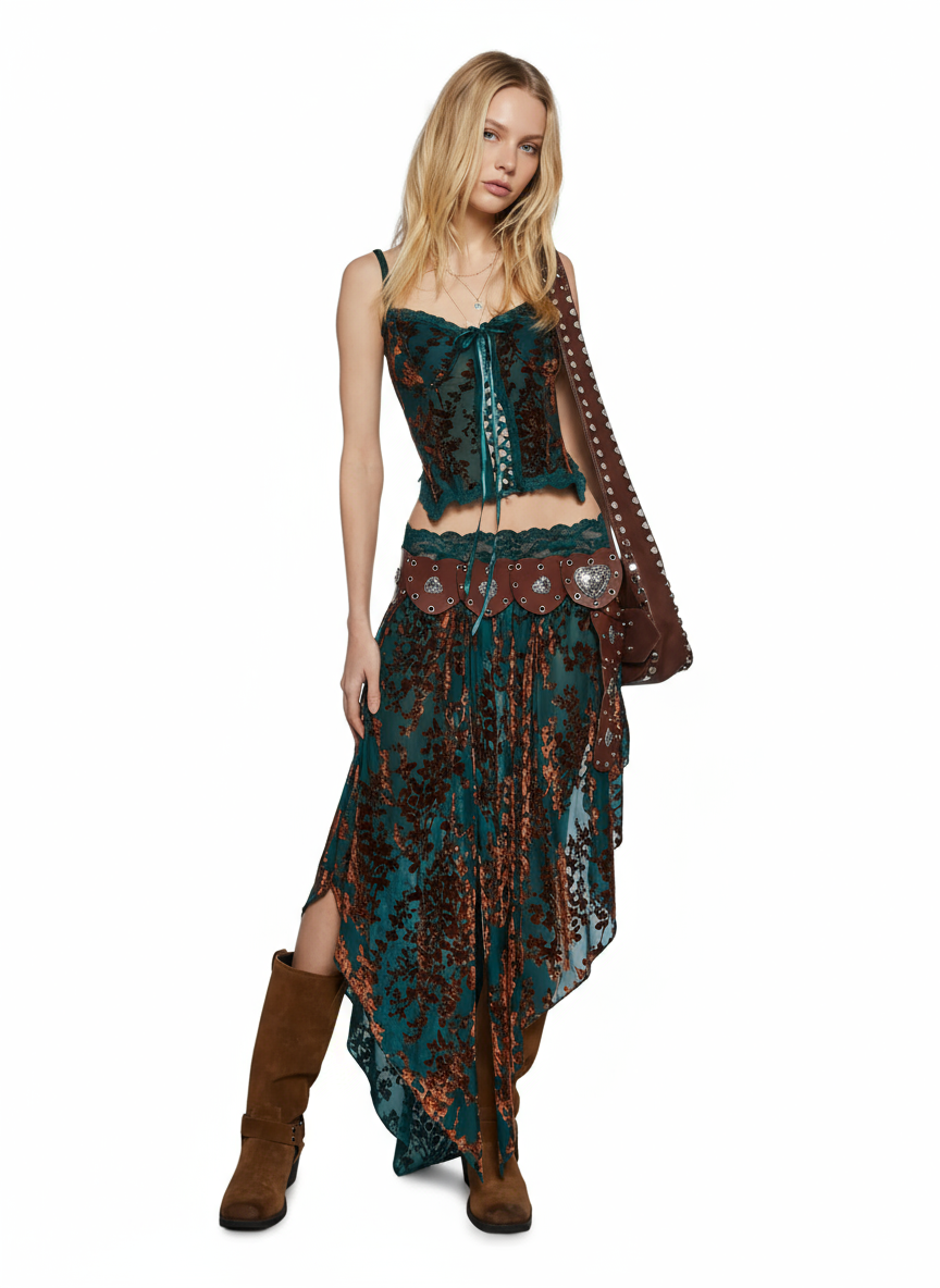 Boho Flocked Mesh Midi Skirt