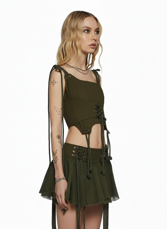 Rope Lace Twill Corset Top — Forest