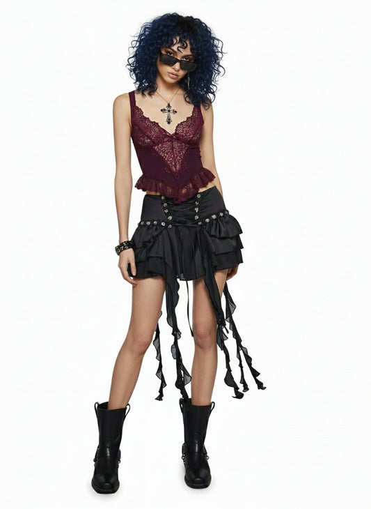 Fae Lace-Up Ruffle Mini Skirt – Black