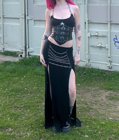 Chain Detail Slit Maxi Skirt – Black
