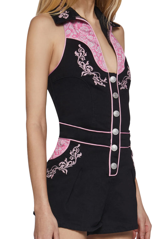 MIDNIGHT RODEO DENIM ROMPER - BLACK