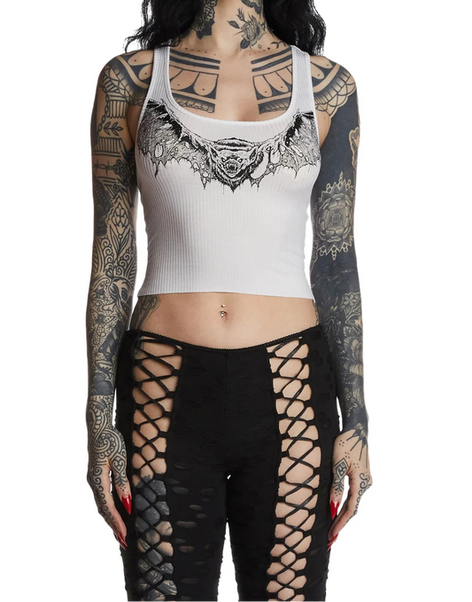 Gothic Bat Graphic Ribbed Tank – Black