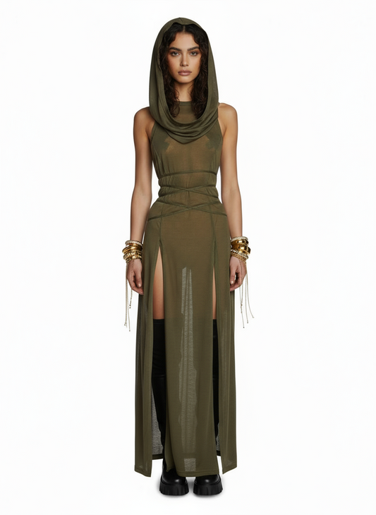 Eclipse Hood Veil Maxi Dress — Green