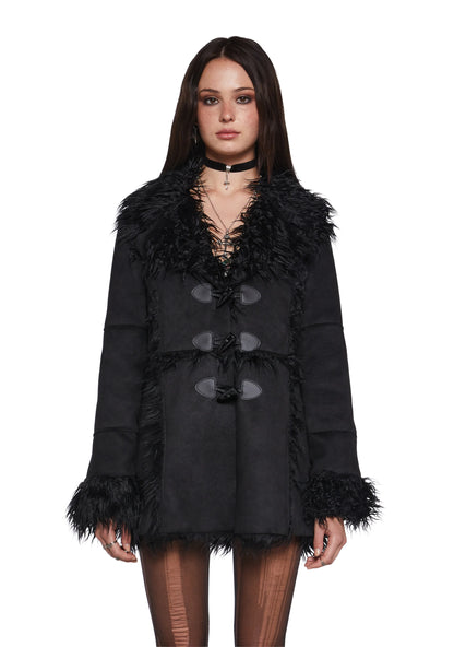 Suede Toggle Fur Coat — Black