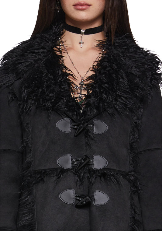 Suede Toggle Fur Coat — Black