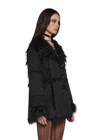 Suede Toggle Fur Coat — Black