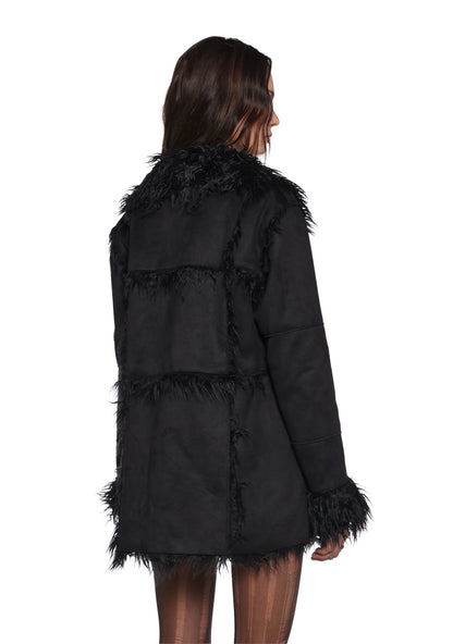 Suede Toggle Fur Coat — Black