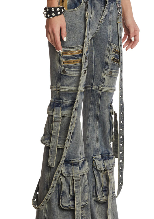 Suspender Cargo Flares — Washed Denim
