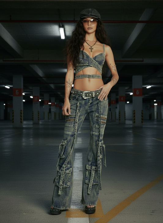 Suspender Cargo Flares — Washed Denim