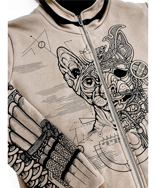 SAMURAI CAT Zip Hood In Stone
