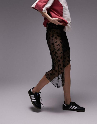 TOPSHOP Asymmetric 90s Length Flocked Floral Sheer Skirt In Black