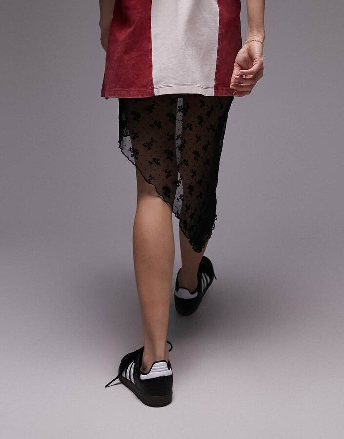 TOPSHOP Asymmetric 90s Length Flocked Floral Sheer Skirt In Black