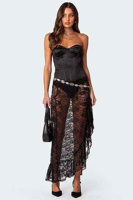 EDIKTED Asymmetric Ruffle Sheer Lace Maxi Skirt